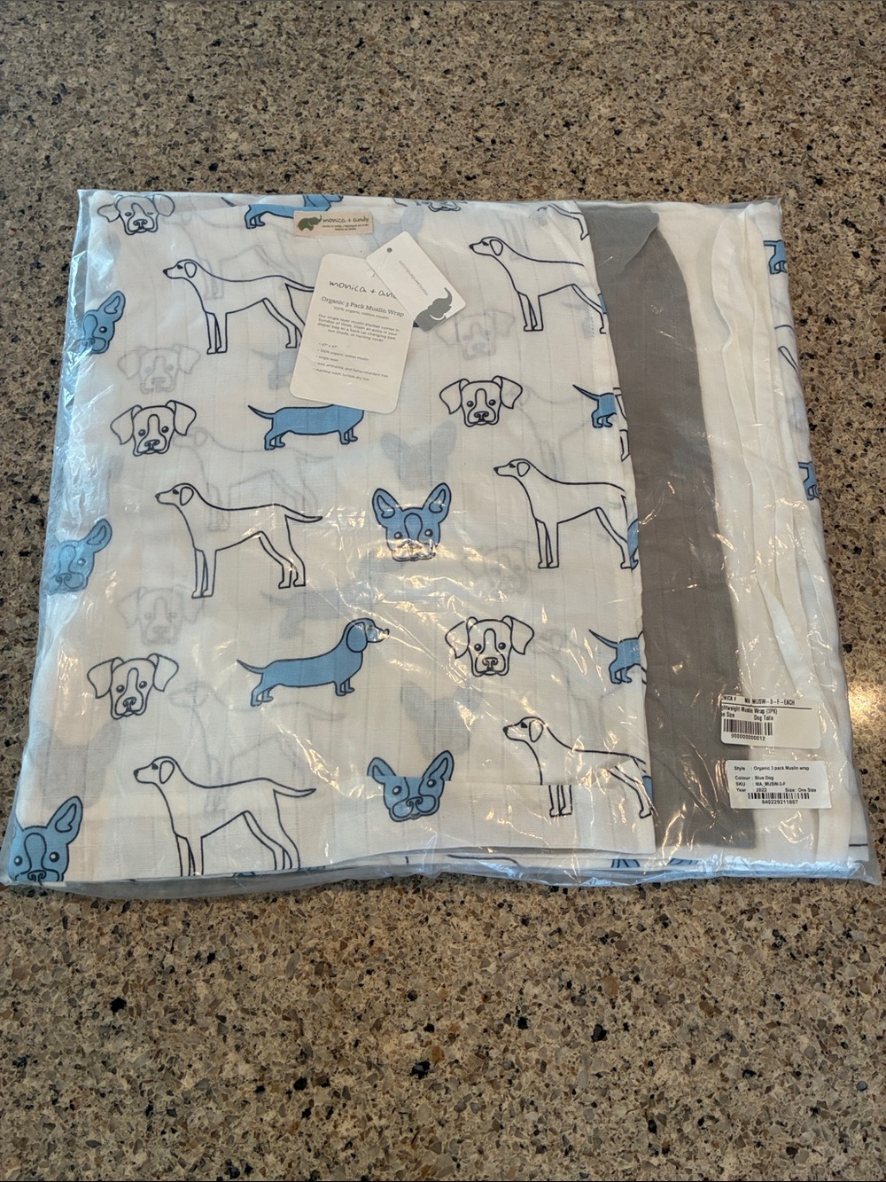Monica + Andy Blue Dog Print Muslin Swaddle Blanket - Mini Elephant